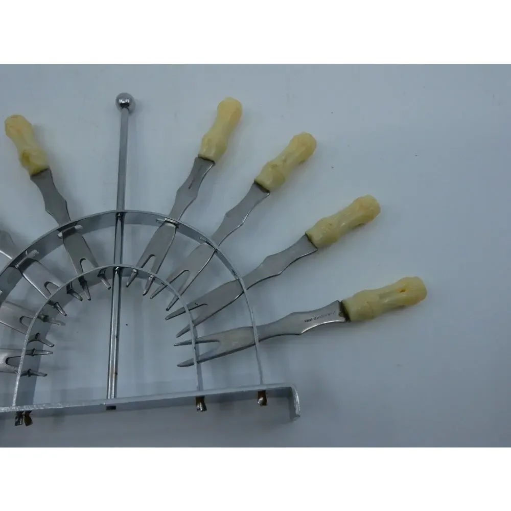 2 Vintage Cocktail Forks Beige Plastic Bamboo Tiki Style & Holder